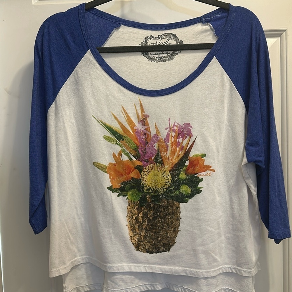 O’neill medium blue and white pineapple 3/4 sleeve t-shirt